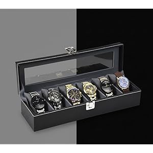 STORESHINE Men's and Women's Leatherette Watch organizer holder Case for 6 Watches in Black Grey Color, Removable Watch Cushions, Watch Box Holder, Gift for Loved Ones