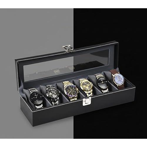 STORESHINE Men\'s and Women\'s Leatherette Watch organizer holder Case for 6 Watches in Black Grey Color, Removable Watch Cushions, Watch Box Holder, Gift for Loved Ones