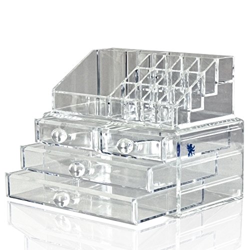 H&S® Acrylic Clear Make up Organiser Cosmetic Box - 4 Drawers - L