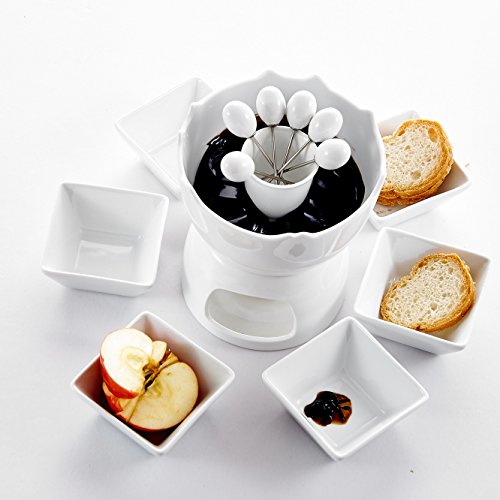 Malacasa, Serie Favor, 14-teilig Porzellan Schokofondue Set Fondueset Porzellan Schokoladenfondue Fonduetopf mit 6 Fondue Schälchen 6 Fonduegabeln für 6 Personen - 4