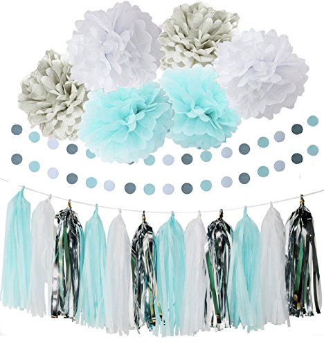 Furuix Babyparty Junge 20pcs White Blue Grey Haning Dekoration Kugeln Geburtstag Baby Dusche Hochzeit Dekorationen Party Supplies with Paper Pompoms Deko Pompons Circle Garland Seidenpapier Pompons Party DecorationBaby Dusche Dekoration Geburtstagsparty Dekoration Quaste Girlande Pompons Blau Dekorationen Pompon Papier