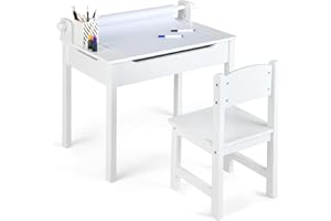 COSTWAY Biurko dziecięce z krzesłem, stół dziecięcy ze składanym blatem, biurko młodzieżowe z uchwytem na rolki papieru i markerami, biurko dla dzieci od 3 lat (białe)