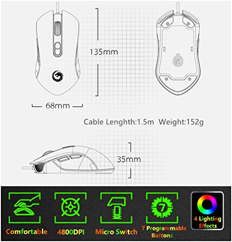 AhaSky Raton Gaming  Raton USB 4800DPI  6 Programable Botones  4 Modos de LED luz para Gamer de Alta Precisi  n con Niveles 6 DPI Ajustable  Raton Ordenador Portatil  Compatible con Windows 7  8  10 Windows XP  Vista  ME  2000 y Mac OS