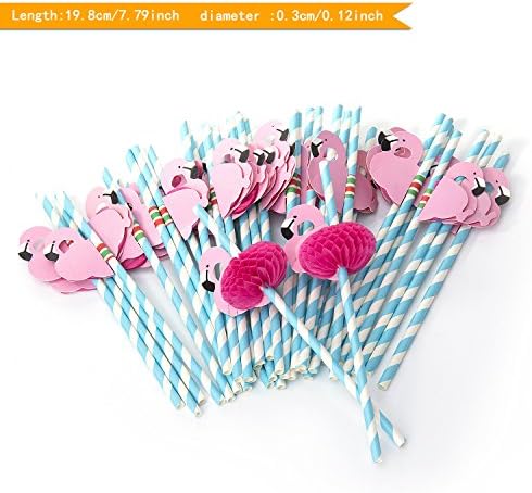 ZeWoo 50 Pcs Biodegradable Paper Straw for Birthdays, Weddings, Baby Showers, Celebrations and Parties, With 3D Flamingo (Light blue)