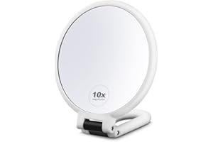 Jetec Magnifying Handheld Mirror Folding Double Sided Pedestal Mirror Travel Makeup Mirror Magnification Portable Cosmetic Mirror with Adjustable Folding Handle, White (10X)