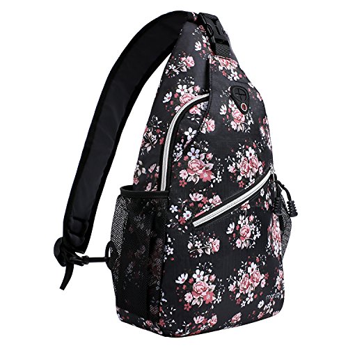 MOSISO Bolso de Honda, Poliéster Repelente de Agua Duradero Pecho Hombro Desbalanceada Gimnasia Fanny Ligero Crossbody Saco Satchel al Aire Libre Excursión Mochila Daypack, Base Floral Negra