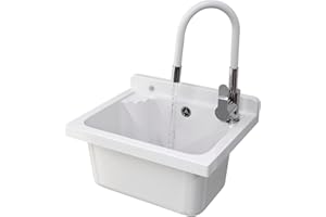 Ausgussbecken mit Mischbatterie undPlatz für Seifenspender Garage Keller Werkstatt und Waschküche - Universal Waschtrog mit Siphon - Waschbecken Wandmontage - 42x34x24 cm - Weiß - Granitan