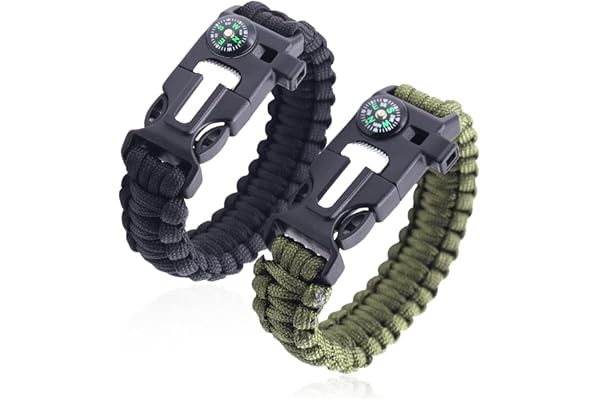 AEIOPRS Lot de 2 Bracelets de Survie en Paracorde avec Allume-feu Sifflet Boussole Longueur Réglable pour Camping et Survie en Pleine Nature