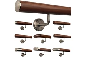 TIBU Ami - Barandilla de madera de nogal, mango de madera, soporte de acero inoxidable, longitud 30 – 500 cm, variante: 40 cm con 2 soportes ligeramente curvados tapa de acero inoxidable