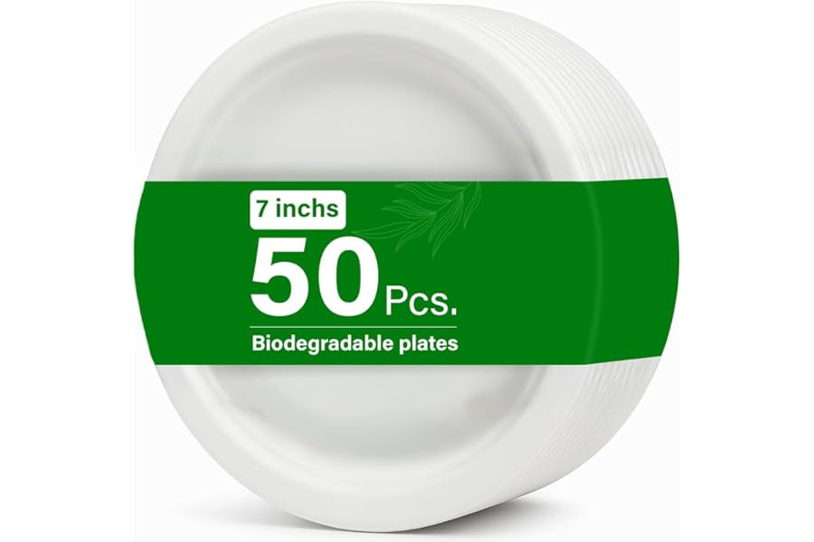 50 Pack 7 Inch Extra Strong Bagasse Plates Made From 100% Natural Sugarcane Fibre Compostable And Biodegradable Eco Friendly Plates, Oil And Cut Resistant, Perfect For Parties And Picnics