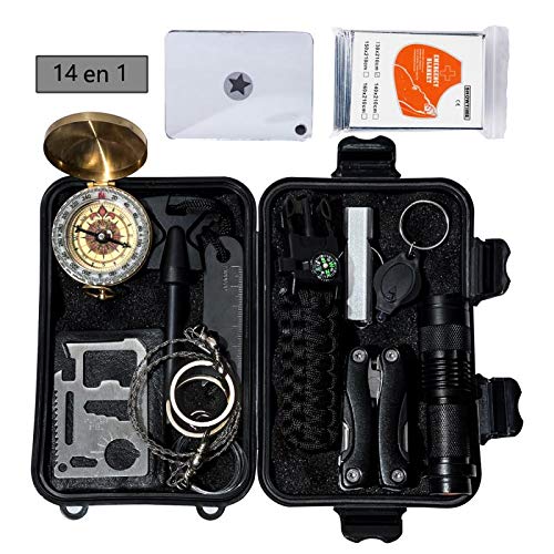 Kit de Survie d'urgence, Multi Outil 14 en 1, Professionnel de Secours avec Trousse Premiers Secours,Couteau de Survie,Lampe de Poche, Allume Feu,Boussole,Camping,Paracorde pour randonnée etc (Pince)