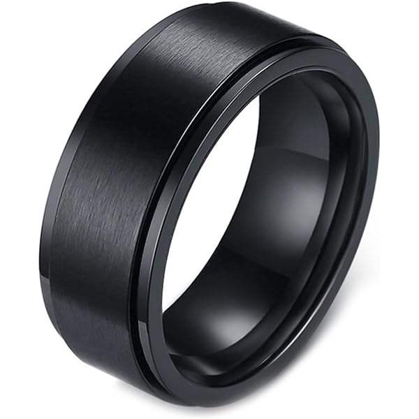 Bague Tournante Anti-stress Epinki - 8 Mm - Acier Inoxydable Noir Yin Yang - Pour Hommes Et Femmes