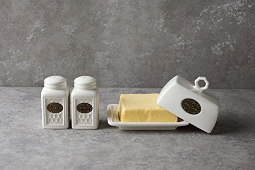 Salzstreuer Pfefferstreuer Kleine Butterdose Porzellan 3er Set Handgemacht weiß Keramik Vintage Geschenk - 3