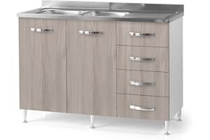 REDÒKASA Sotto lavello per cucina componibile da 120 cm con due ante e 4 cassetti, realizzata in legno 100% MADE IN ITALY (Con Lavello Vasche a Sinistra, Olmo)
