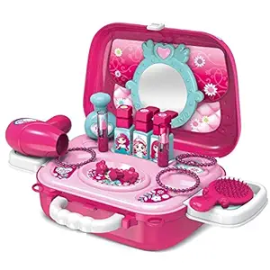 Bluebell 21Pcs Kids Pretend Play Makeup Kit for Girls, Baby Vanity Case with Mirror Cosmetic Toy Set, Pretend Beauty Dress-up Salon Hair Dryer Suitcase for Little Girls (Pink)