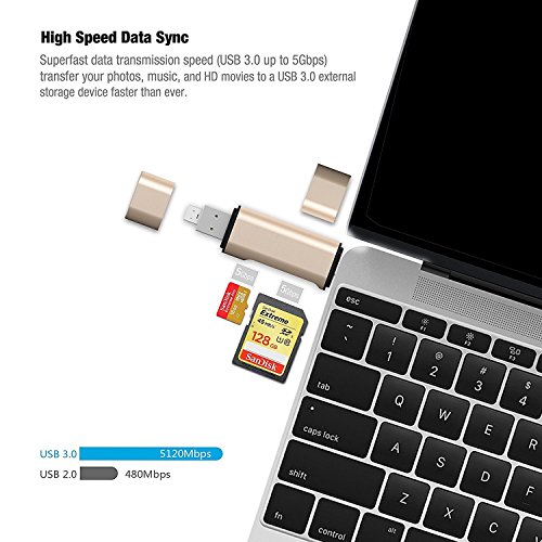 Jelly Comb USB3.0 SD TF Kartenleser mit Adapter 3-in-1 USB-A / Micro USB / USB-C Typ-C, SuperSpeed Memory Card Reader USB Kartenlesegerät für Micro SD/SDXC TF Kartee, Gold - 5