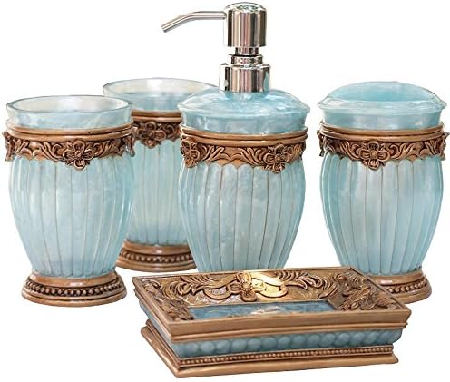 QASI® Carved Resin Bathroom Accessories Sets rose European style simple Emulsion Bottle Toothbrush Holder Mouthwash Cup Soap Dish Squeeze the Bottle Colourful , Blue