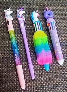 GoMerryKids Set of 4 Unicorn Pen for Girls / Light Pen / Gel Pen for Girls / 10in1 Pen