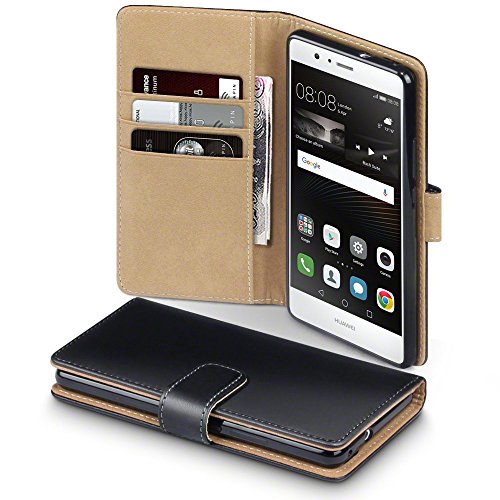 Huawei P9 Lite Funda Cartera con tapa para billetera y compartimento para dinero - Negro con el interior tostado