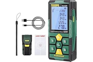 Medidor Láser 50m, USB 30mins Carga rápida, TECCPO Telémetro láser , Electrónico Ángulo Sensores, 99 Datos, 2.25'' LCD Retroiluminación, Medición de Distancia, Área, Volumen, Trípode, IP54, TDLM26P