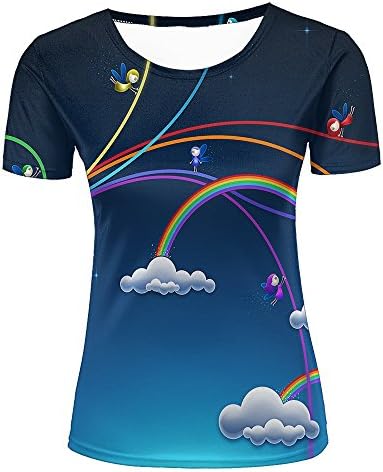 lingshirt Women 3D Casual T-Shirt Rainbow White Clouds Cartoon Graphics Short Sleeve Tops M
