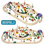 Holzeisenbahn für Kinder mit 130 Teilen | Spielzeugeisenbahn mit über 5 Meter Schienenlänge und Zubehör für eine ganze Stadt | Holzeisenbahn-Set für Mädchen und Jungen geeignet - 3
