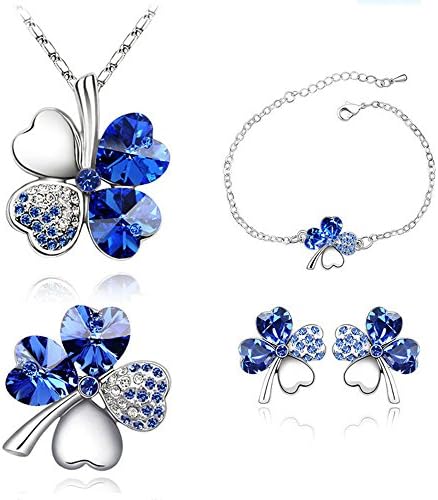 Neevas Bridal Hearts 4 Leaf Clover 4 in 1Jewelry Set: Earrings Necklace &amp; Bracelet Brooch (Royal Blue)