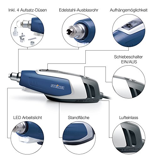 Steinel Kompakt Heißluftgebläse HL Stick, Heißluftfön mit integriertem LED-Arbeitslicht und sicherer Standfläche, 350 Watt, 400° bis 500° C, Heißluftpistole für Bastler und Modellbauer, 004019 - 3