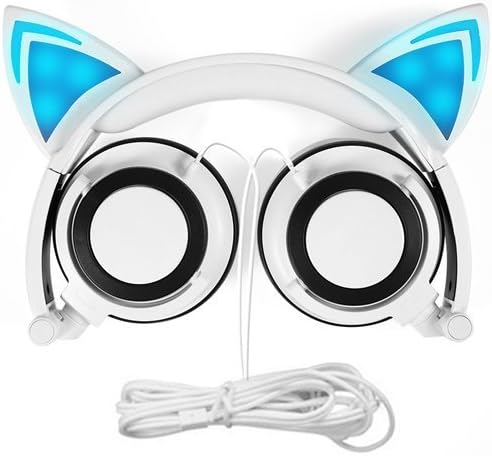 Kids Headphones with Cat Ear, MallTEK LED On-ear Foldable Headset for Kids Earphone 3.5 Jack Compatible with PC, Android Smartphone, iPhone, iPad, Samsung, MP3, MP4, and other Devices with 3.5mm Jack - White + Blue