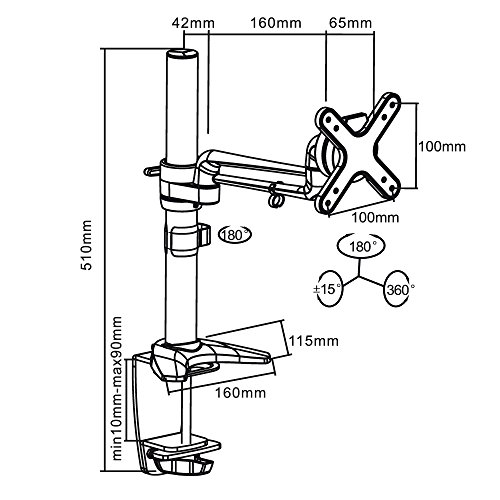 PureMounts PM-STYLE-DM-23B Schreibtisch Halterung für Monitore bis 71cm (28 Zoll), schwenkbar, neigbar, drehbar, VESA 100, Armlänge: 1x ca.16cm - 7