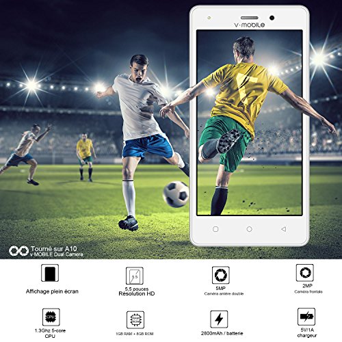 Smartphone Pas Cher 4G 8Pcs V A10 8Go ROM 5MP Appareil Photo Android 7 0 2800mAh Batterie Ecran 5 0 Pouces Double SIM WiFi GPS Quad Core Smartphone Debloqu    Blanc 