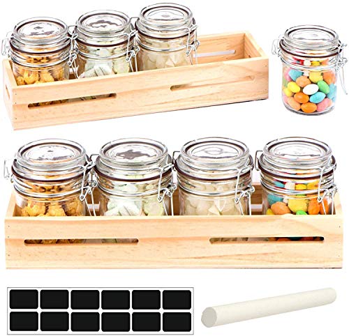 Gr8 Home Lot de 4 bocaux à épices en Verre avec Couvercle hermétique et Plateau en Bois Transparent