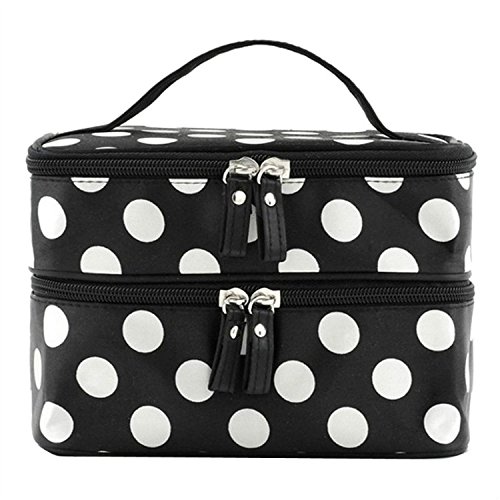 Japace® High Premium Fashion Design Multifuctional Womens Ladies Girls Cute Polka Dots Pattern Double Layer Dual Zipper Cosmetic Bag Toiletry Bag Makeup Bag Hand Case Bag Tool Storage -Style 1