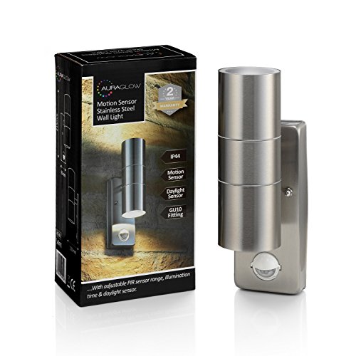 Auraglow PIR Bewegungssensor Edelstahl Sicherheitslicht Hoch & Runter IP44 Wandlicht fürs Freie – Birnen Inbegriffen - 2