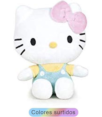 Hello Kitty Cubeez Blue Overalls, 20 cm, stapelbaar pluche dier met zacht traagschuim voor een knijpbaar gevoel, perfect om te verzamelen, te stapelen en tentoonstellen, fans