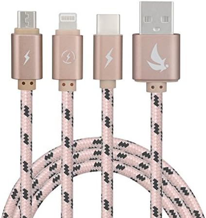 EliteSoft High Speed 4.9ft 3 in 1 Multiple USB Charging Cable with Type C/8 Pin Lighting/Micro USB Connector for iPhone 7, 6, 5, Galaxy S3/S4/S5/S6/S7 Edge,Nexus 6P, 5X and More-Pink