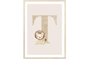 MeinBaby123® Buchstaben Poster DIN A4 Kinderzimmer Mädchen und Junge | Babyzimmer Deko | Bilder Kinderzimmer | Geschenkideen zur Geburt | Geburtsposter | Anfangsbuchstabe Poster T (Löwe - T)