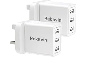 2 Pack USB Plug UK 3 Pin Mains Charger,Rekavin Multi USB Charger Plug Adaptor UK Compact Triple Port Charge Head 5V/2.4 AMP Charging for iPhone 11/11 Pro/10/Xs/XS Max/XR/X/8/7/6 Plus/5/4,iPad etc