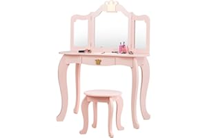 ‎COSTWAY COSTWAY Kinder Schminktisch mit Hocker und Abnehmbarer Spiegel, Mädchen Frisiertisch Holz, Kindertisch mit Schublade, Spiegeltisch 80x42x105cm (Rosa)