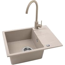 VBChome Granitspüle Mit Armatur – 77x44 Cm, Beige, Mit Abtropffläche & Siphon, Reversibel