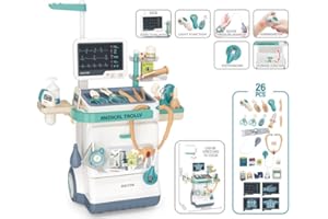 SERENA&JEWEL Serena & Jewel Kit for Kids 26 Accessories Pretend Medical Station Set Mobile Cart with Lights, Thermometer, Stethoscope, Role Play Educational Toys for Boys & Girl Kids
