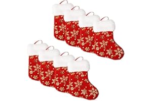 RXXR Mini-Strümpfe für Weihnachten, 17,8 cm, Glitzer-Schneeflocken-Druck mit Plüsch-Manschette, klassische Weihnachtsstrumpf-Dekorationen für die ganze Familie, Rot, 8 Stück