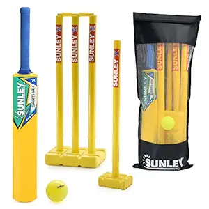 SUNLEY Plastic Cricket kit for All Age Groups and Sizes (1 Piece Cricket Bat, 4 Piece Wickets, 2 Piece Base, 2 Piece Bails, 1 Piece Wind Ball, 1 Piece Kit Bag)