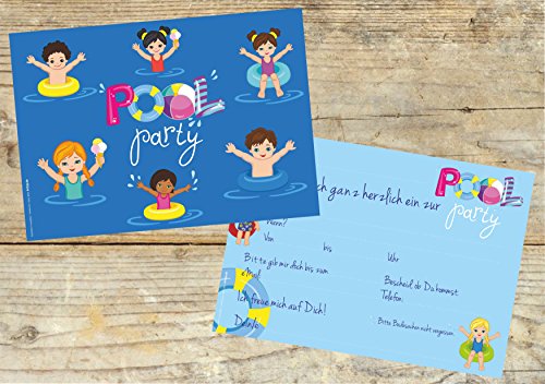 12 Einladungskarten „Schwimmbad Pool-Party“ Kindergeburtstag Hallenbad Spassbad Freibad | Geburtstagseinladungen Einladungen Geburtstag Kinder Jungen Mädchen Einladungstext Vorlagen Karten Set - 3