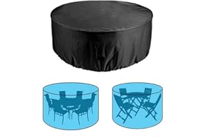 AMSAMOTION Garden Table Cover, Waterproof, Windproof, Anti-UV, Heavy Duty Rip Proof 210D Oxford Fabric Patio Set Cover, Garden Furniture Cover, Round 190 cm+ 80cm