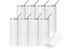 PYD Life 8 Stück Sublimationsgläser Rohlinge 590 ml Skinny White Gerade Edelstahl Becher mit 10 Stück Schrumpffolien für Tumbler Presse Maschine Sublimationsdruck Ofen Sublimationsdruck