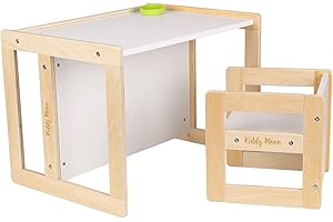 KiddyMoon Wooden Table With Chair For Kids Furniture Set For Baby Multifunctional Activity Play Set For Babies Children Bedroom Desk Montessori Toy TC-002, Natural/White