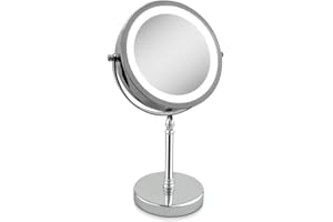 ELIM Powiększenie 10 x lustro LED do makijażu 18 cm, dwustronne lustro stołowe, podświetlane diodami LED, obrót o 360 stopni, 1 x / 10 x lusterko powiększające