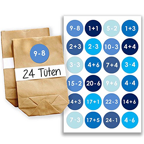 Adventskalender Set - 24 braune Geschenktüten und 24 blaue Zahlenaufkleber - zum selber basteln und zum befüllen - Mini Set 9 von Papierdrachen