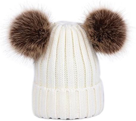 DOBU Womens Girls Winter Hat Cap Knit Beanie Bobble Hat Ski Cap With Soft Faux Fur Double Large Pom Pom (White)(Size: One Size)